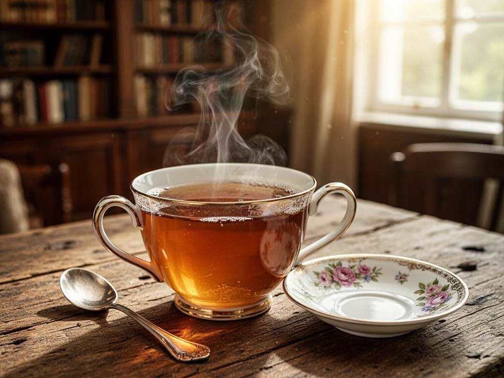 Parująca filiżanka herbaty English breakfast na drewnianym stole w przytulnym wnętrzu biblioteki.