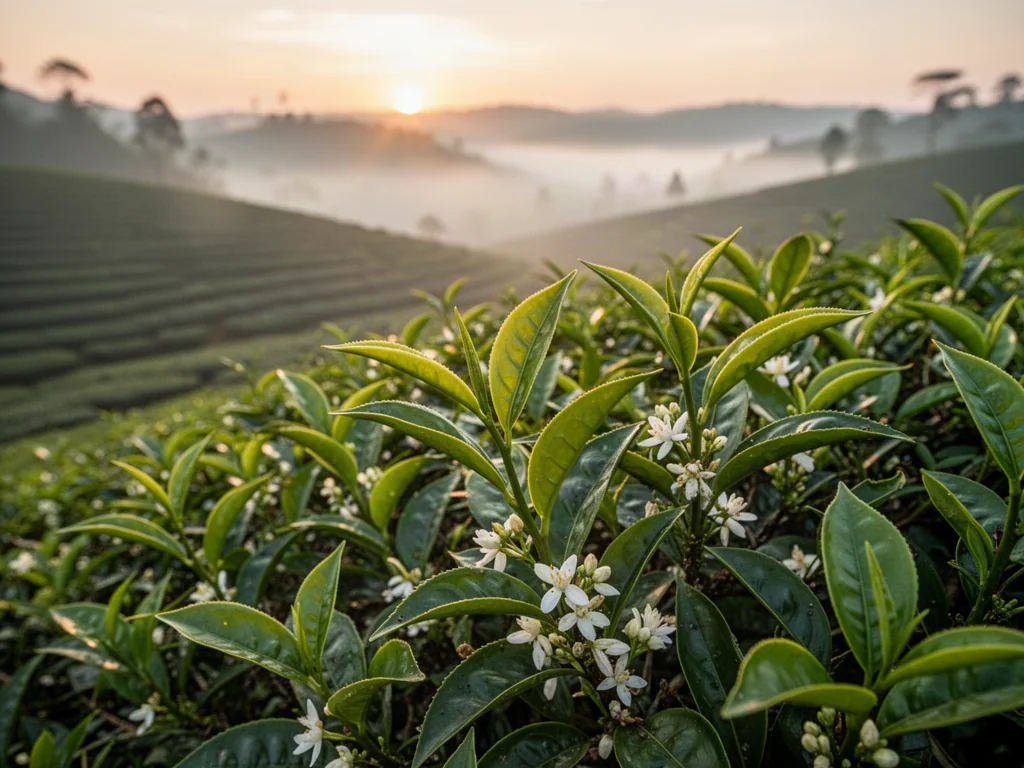 Kwitnący krzew herbaty na tle zamglonej plantacji o wschodzie słońca.