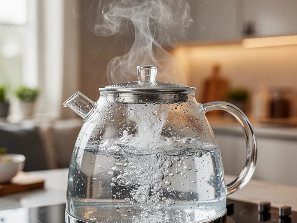 Szklany czajnik z wrzącą wodą i unoszącą się parą w przytulnej, nowoczesnej kuchni.