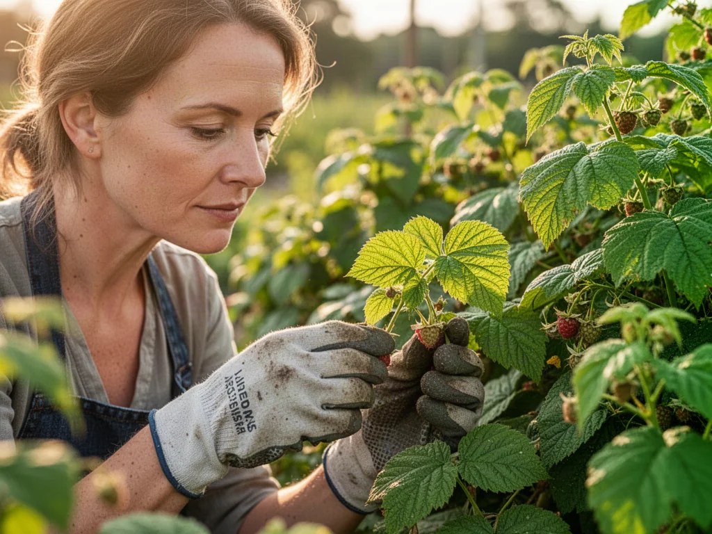 Ogrodniczka w rękawicach delikatnie zrywa świeże, zielone liście malin w słonecznym ogrodzie.