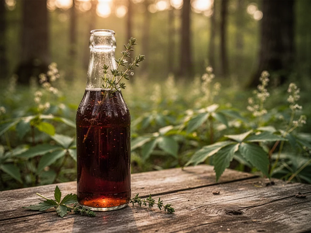 Szklana butelka ciemnego napoju sarsaparilla na drewnianym stole, w tle rozmyty leśny krajobraz z roślinnością.