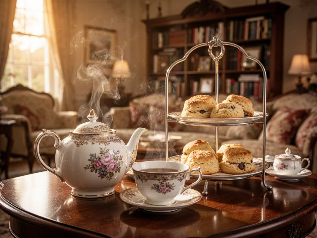 Elegancki zestaw do popołudniowej herbaty z imbrykiem i przekąskami w przytulnym, nasłonecznionym salonie.
