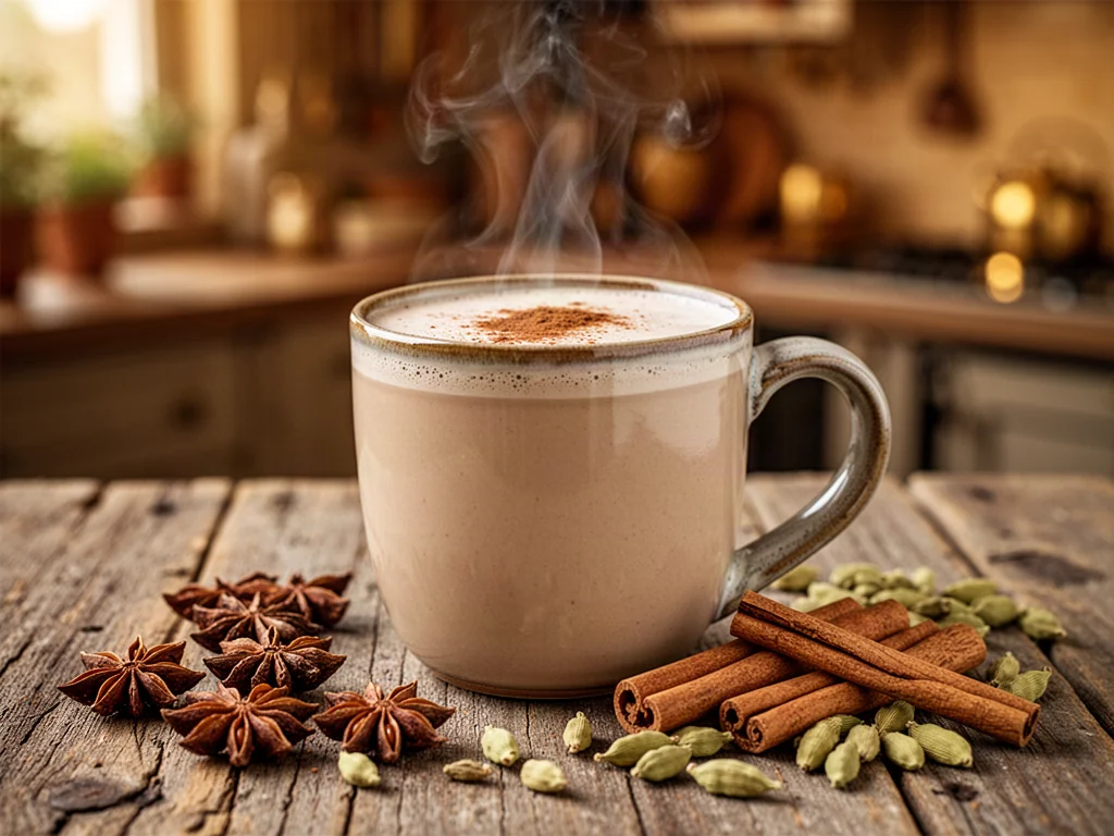 Parujący kubek chai latte z cynamonem, otoczony przyprawami korzennymi na rustykalnym stole w przytulnej kuchni.