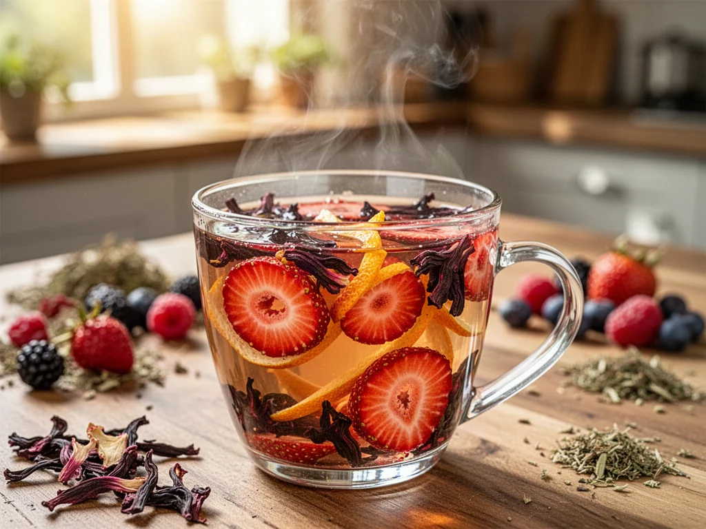 Szklanka parującej herbaty owocowej z kawałkami truskawek i hibiskusa na tle przytulnej, słonecznej kuchni.