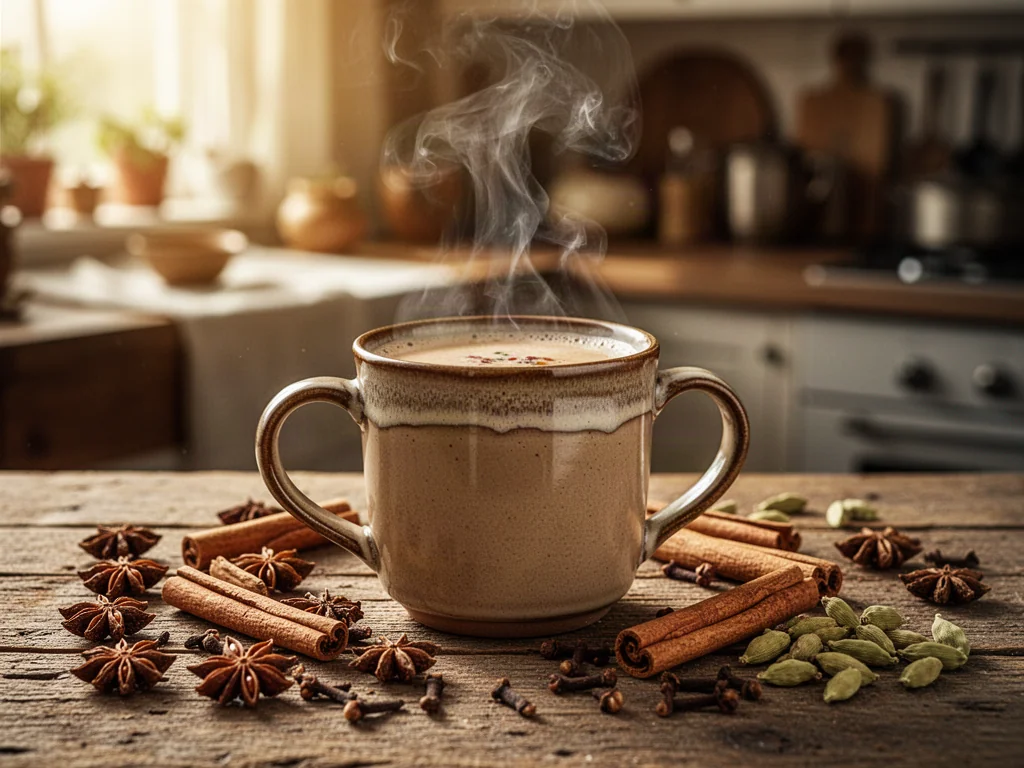 Parujący kubek masala chai na drewnianym stole w otoczeniu przypraw: anyżu, cynamonu, goździków i kardamonu.