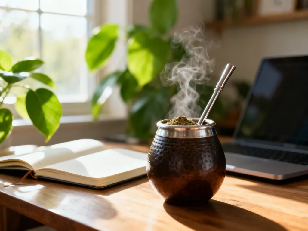 Parująca yerba mate na biurku obok laptopa i notesu, symbolizująca naturalną energię i koncentrację, no text on the picture